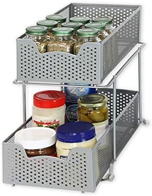 SimpleHouseware 2 Tier Sliding Cabinet Basket Organizer Drawer, Silver | Amazon (US)