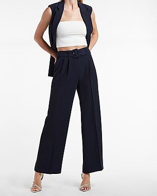 High Waisted Twill Belted Straight Ankle Pants | Express
