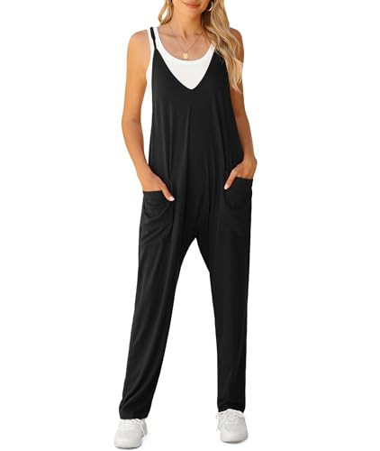 LILBETTER Women's Loose Casual V Neck Sleeveless Jumpsuits Adjustable Spaghetti Straps Long Pants Overalls With Pockets(01 Black, Large) | Amazon (US)