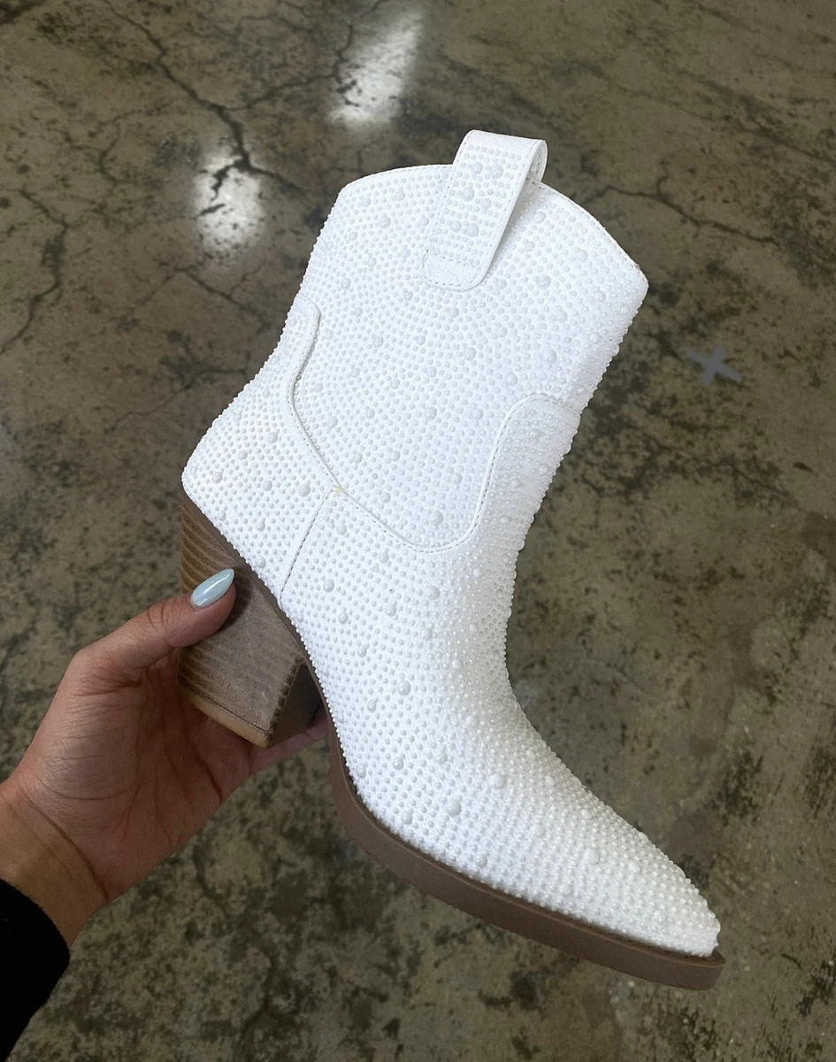 Sand In My Boots Rhinestone Cowboy Boots- White | Willow Boutique