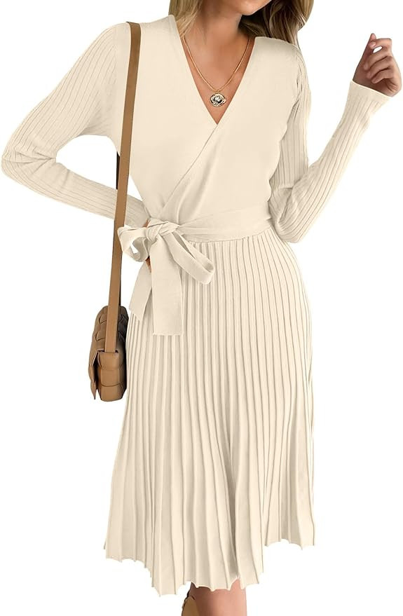 ANRABESS Women's 2023 Fall Long Sleeve Sweater Dress Wrap V Neck Pleated Ribbed Knit A Line Belte... | Amazon (US)