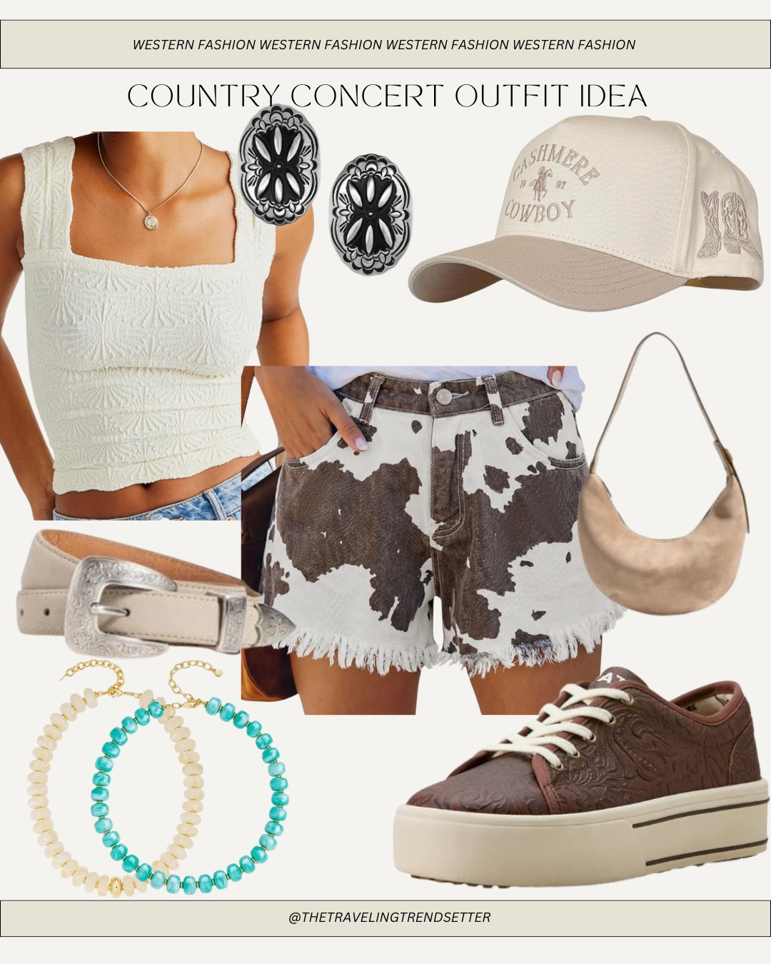 Amazon Western fashion summer western outfit, festival, outfit, Country concert outfit, Rodeo outfit Cal print shorts area, leather sneakers, trucker hat, beaded Trendy jewelry 
￼

#LTKootd #LTKgrwm