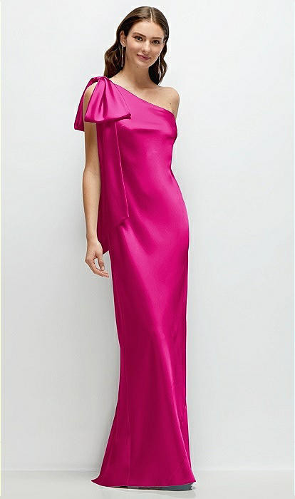 One-Shoulder Bias-Cut Satin Maxi Dress with Cascading Shoulder Bow in Think Pink | The Dessy Group