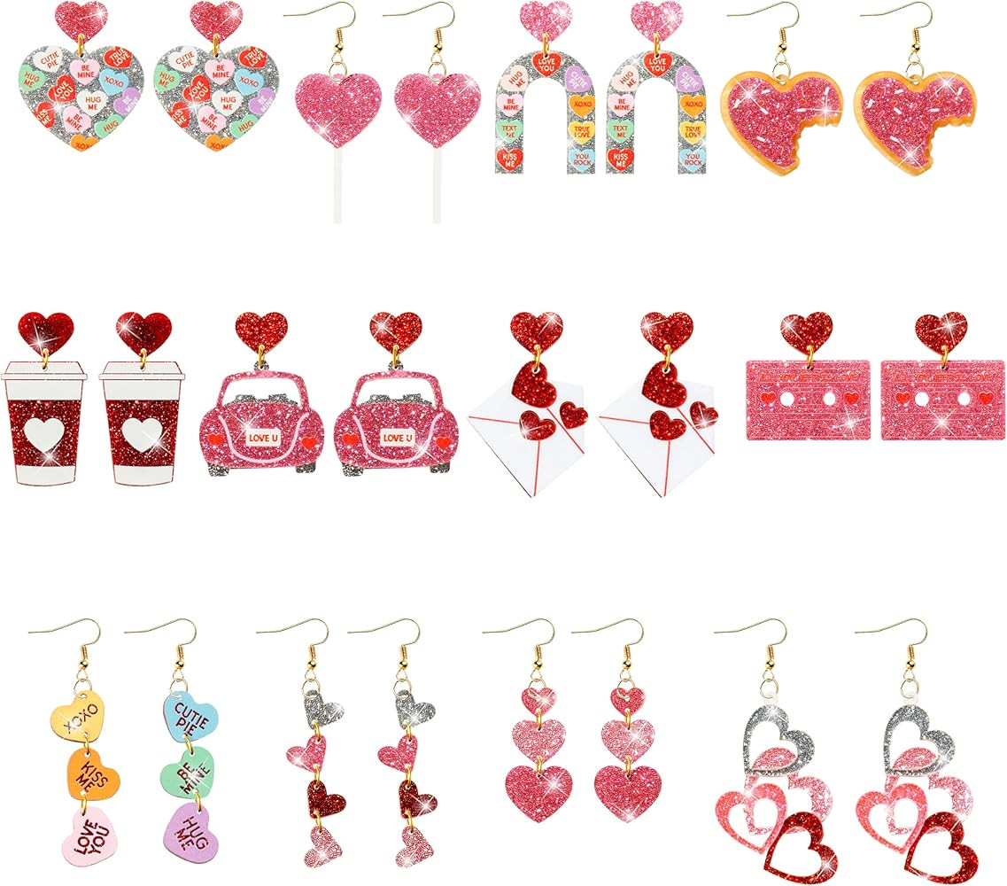 Y1tvei Valentine's Day Glitter Earrings - 12 Pairs Cute Conversation Candy Heart Dangle Drop Acry... | Amazon (US)