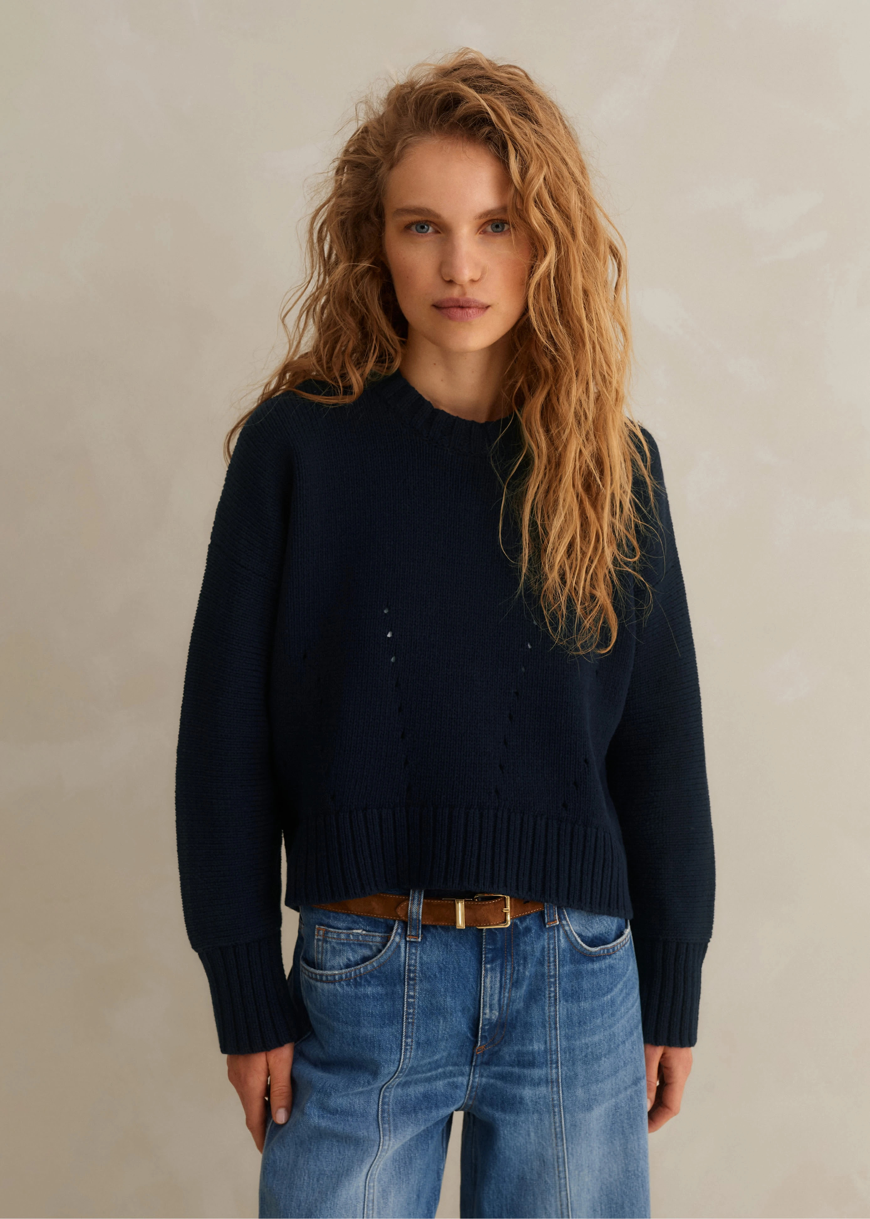 Women's Navy Chunky Cotton Curved Hem Jumper | ME+EM | ME+EM Global (Excluding US)