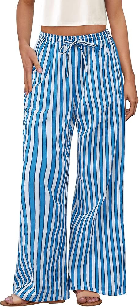 PRETTYGARDEN Women's Wide Leg Lounge Pants 2025 Summer Drawstring Elastic Waist Comfy Striped Paj... | Amazon (US)