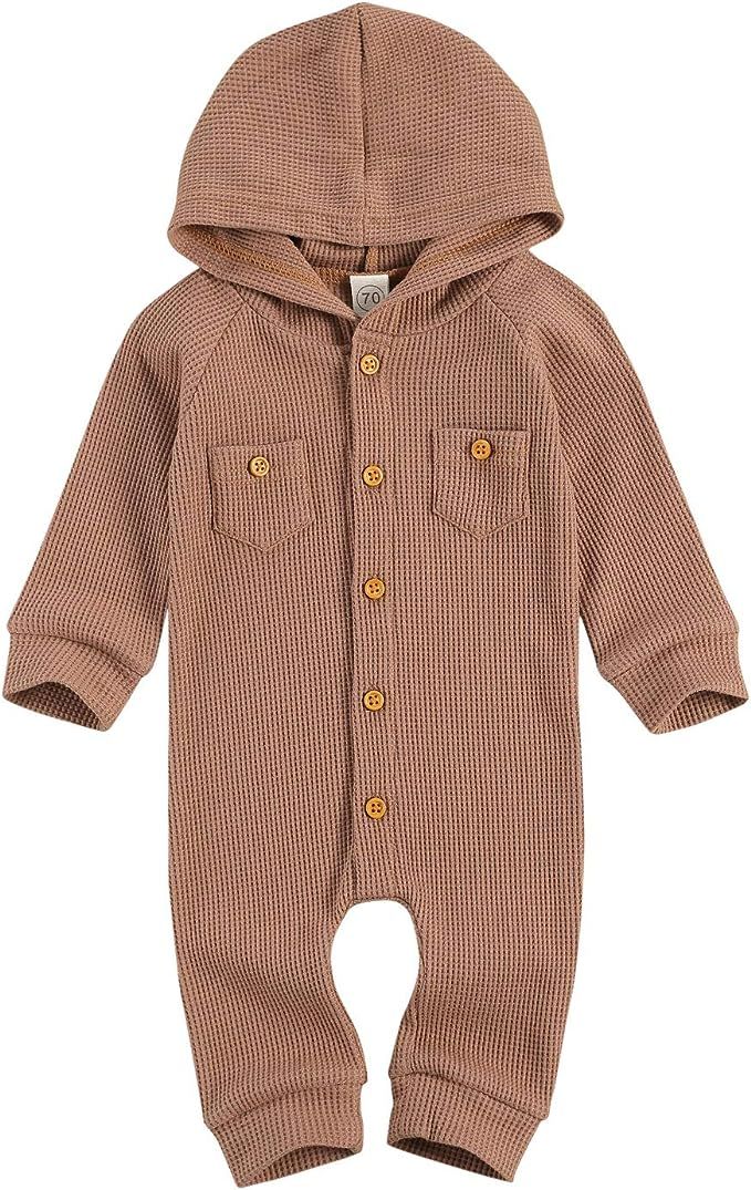 Ynibbim Winter Newborn Baby Boy Girl Solid Romper Unisex Infants Hooded Outfit Clothes Waffle Cot... | Amazon (US)