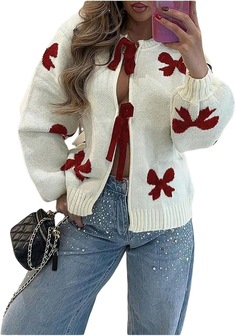 GORGLITTER Women's Bow Tie Front Cardigans Sweater Crew Neck Long Sleeve Knit Sweaters | Amazon (US)