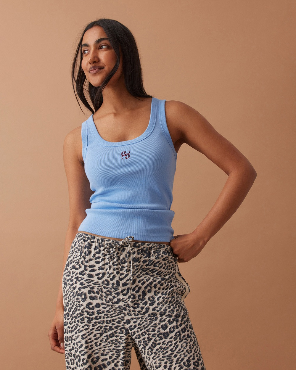 Ceres Life - Zoe Contour Rib Scoop Tank - T-Shirts & Singlets (POWDER BLUE MONOGRAM EMBROIDERY) Zoe Contour Rib Scoop Tank | THE ICONIC (AU & NZ)