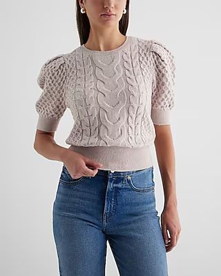 Cable Knit Crew Neck Puff Sleeve Sweater | Express
