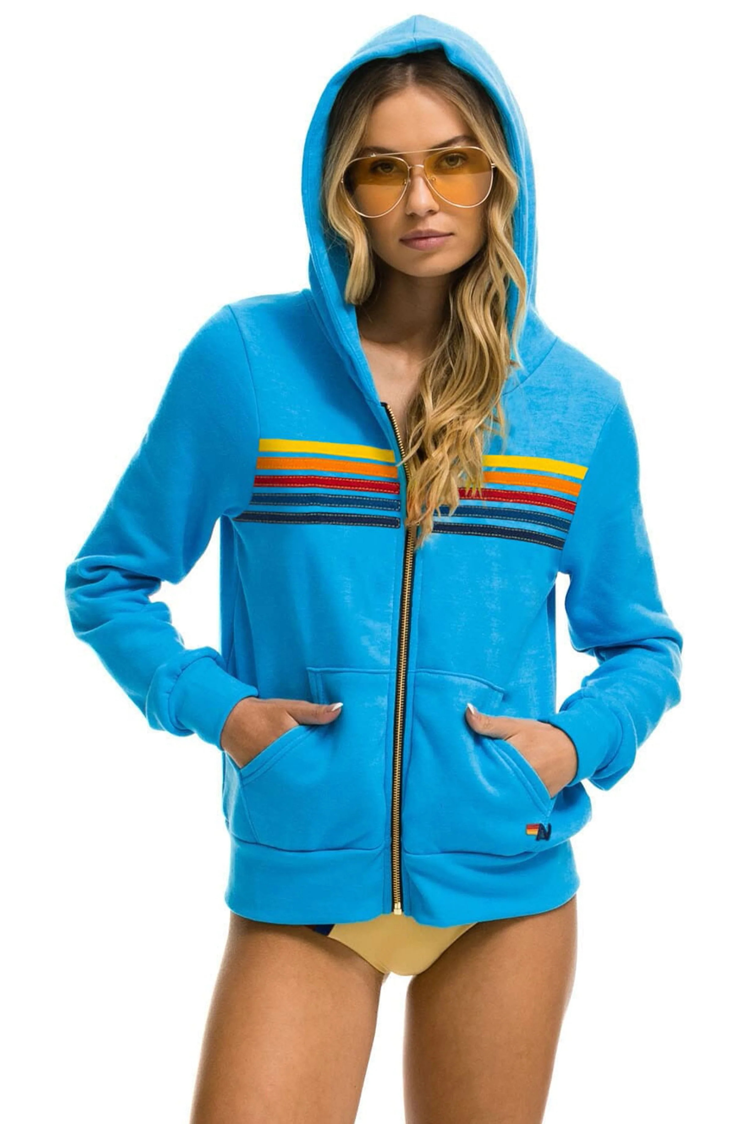 5 Stripe Hoodie \u2013 Neon Blue/Neon Rainbow | Aviator Nation | Aviator Nation