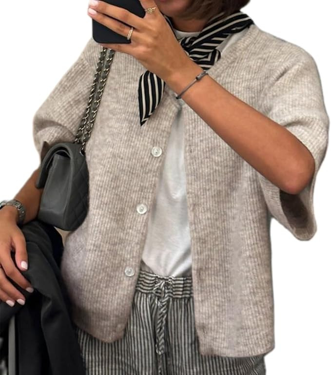 ICNGLKSND Women's Short Sleeve Cardigan Button Down Open Front Round Neck Shrug Knit Solid Color ... | Amazon (US)