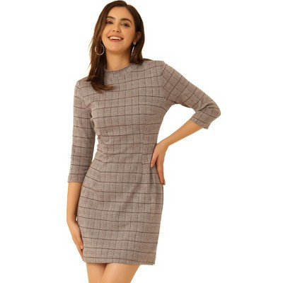 Allegra K Women's Mock Neck 3/4 Sleeve Slim Office Work Checked Plaid Dress Medium Light Brown | Target