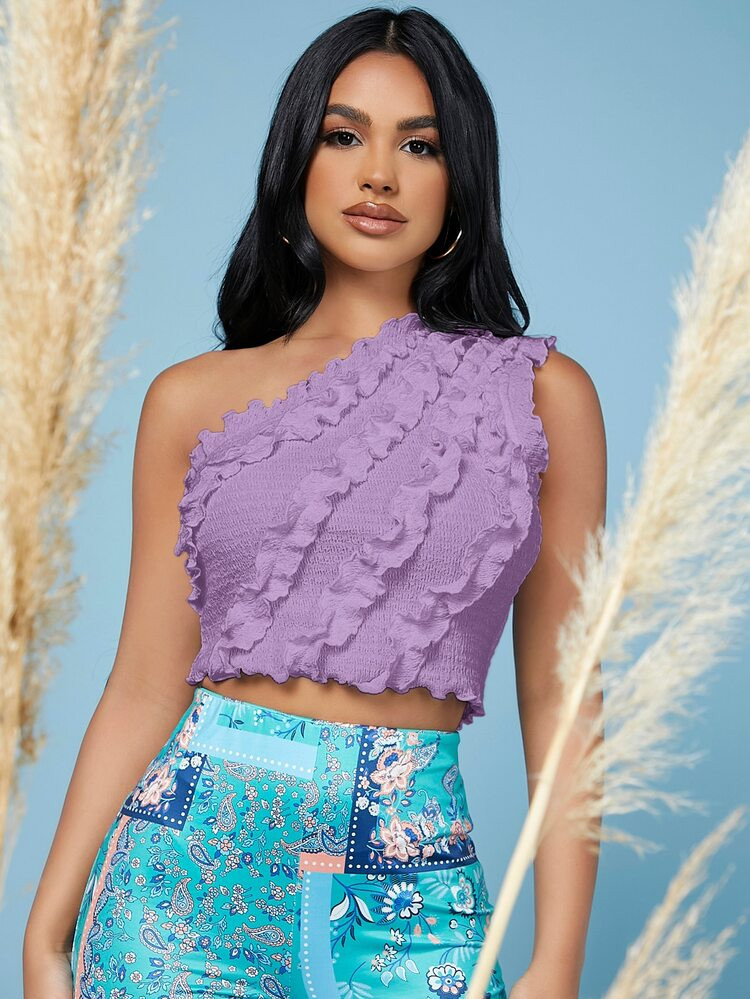 SHEIN SXY One Shoulder Frill Trim Shirred Top | SHEIN