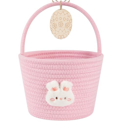OIAHOMY Easter Basket with Handle, Personalized Bunny Easter Basket for Kids, Woven Rope Gift Empty for Eggs, Baby Treasure Hunt Baskets with Wooden Card for Boys and Girls - Pink | Amazon (US)