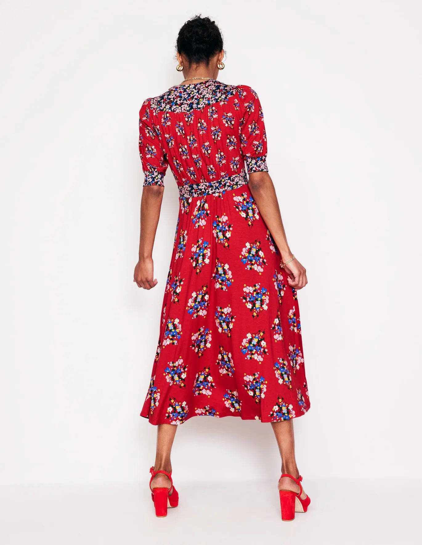 Lily Jersey Midi Tea Dress - Bright Ruby, Poppy Bouquet | Boden US | Boden (US)