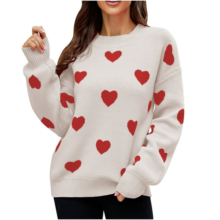 JGGSPWM Cute Heart Print Sweaters for Womens Valentines Day Tops Casual Fall Winter Jumper Lovely... | Walmart (US)