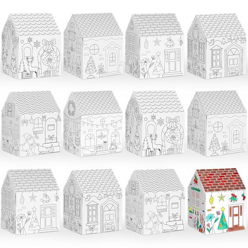 Watersay 12 Pcs Christmas Paper Coloring Houses DIY Craft Color Your Own Cardboard Houses Personalize a Cardboard House Xmas Holiday Party Favors Gifts for Girls Boys Classroom Home School | Amazon (US)