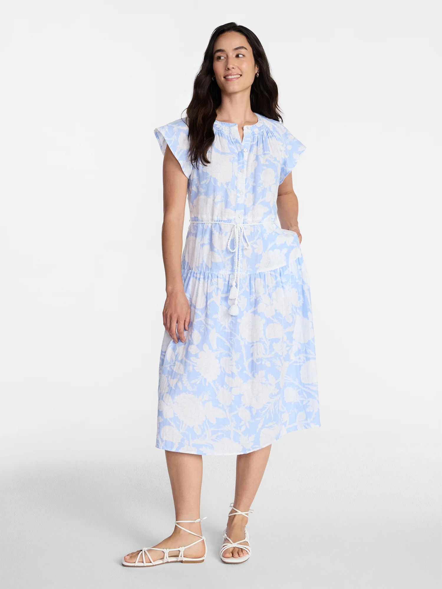 Time and Tru Women's Cotton Double Cloth Midi Dress with Short Flutter Sleeves, Sizes XS-XXXL - W... | Walmart (US)