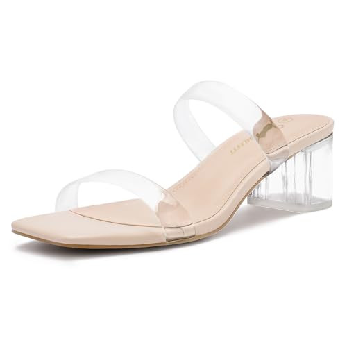 Amazon.com | Athlefit Clear Heels for Women Two Strap Chunky Sandals Dressy Square Open Toe Sexy ... | Amazon (US)