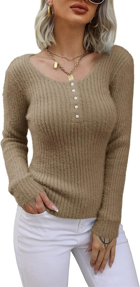 Jeanewpole1 Womens Fuzzy V Neck Knit Sweater Slim Fit Long Sleeve Solid Pullover | Amazon (US)