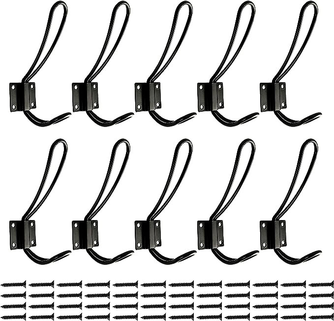 Rustic Entryway Hooks | 6 Pack of Black Wall Mounted Vintage Double Coat Hangers with Large Metal... | Amazon (US)