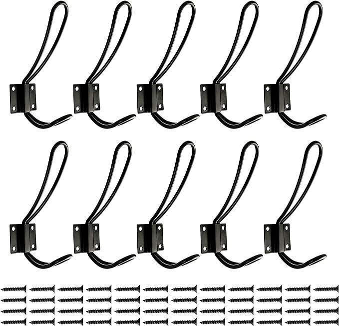 Rustic Entryway Hooks | 6 Pack of Black Wall Mounted Vintage Double Coat Hangers with Large Metal... | Amazon (US)