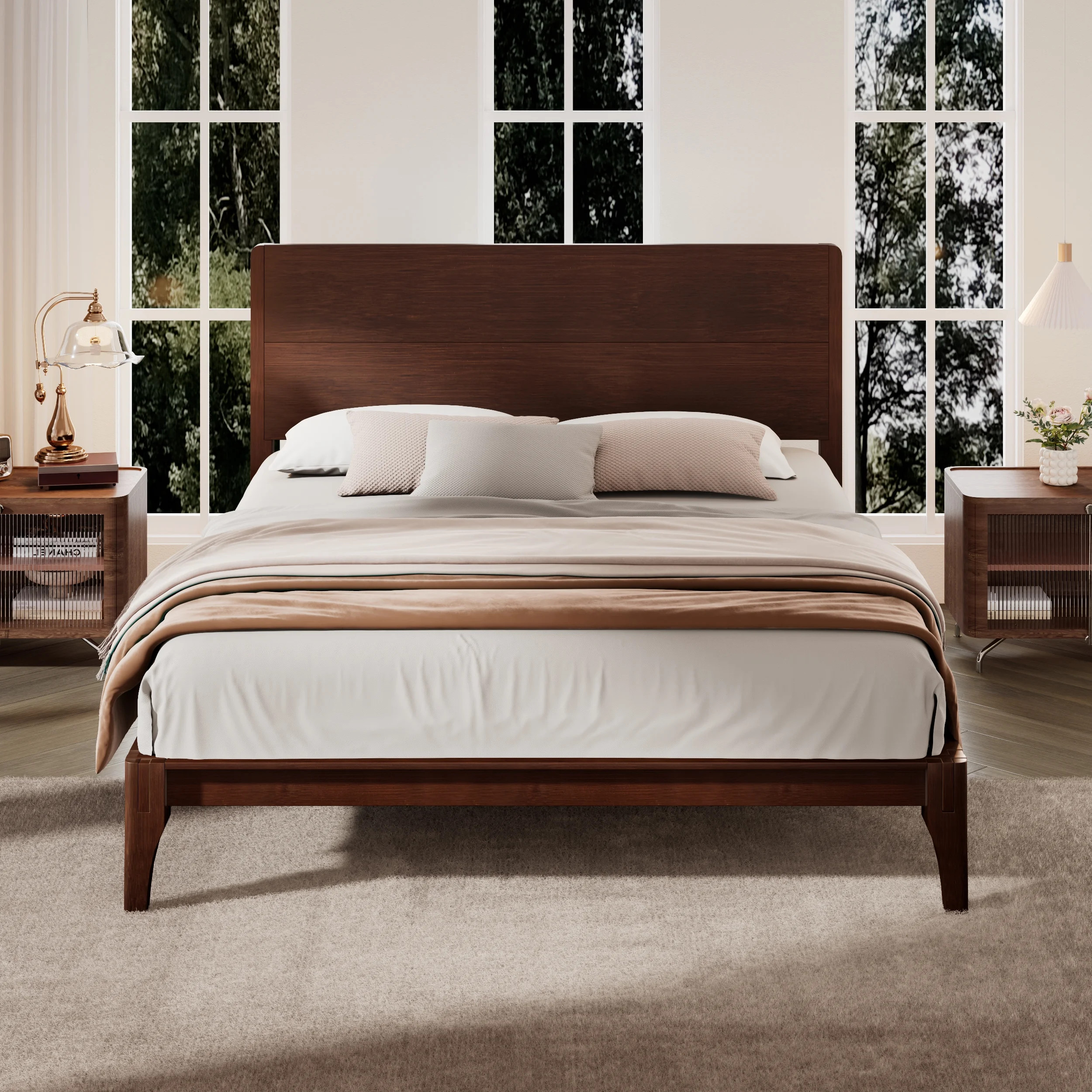 Euroco Mid-Century King Size Platform Bed, Bamboo Wood Bed for Bedroom, Chocolate - Walmart.com | Walmart (US)
