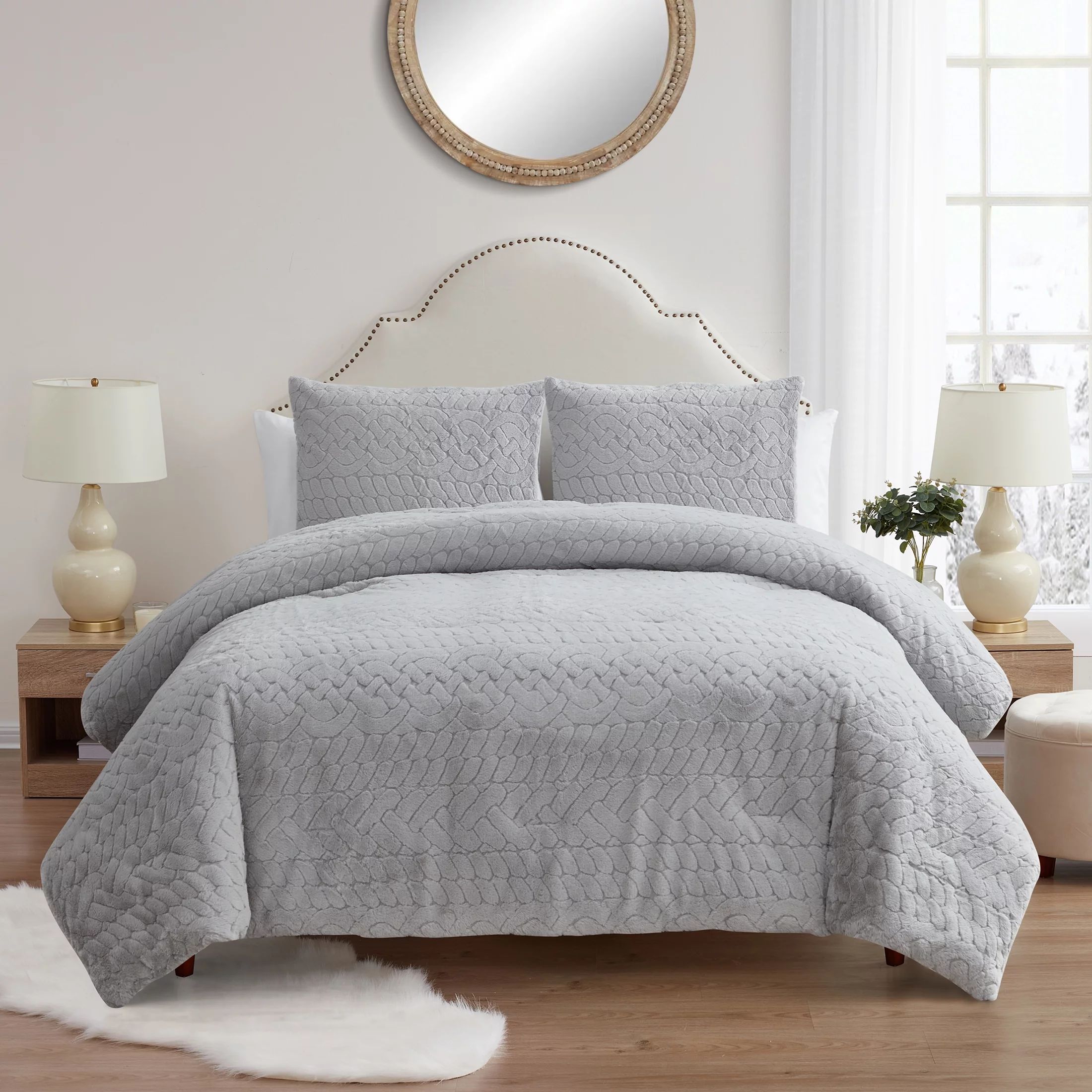 My Texas House Jessica Grey Stripe Faux Rabbit Fur 3-Piece Comforter Set, Full/Queen - Walmart.co... | Walmart (US)