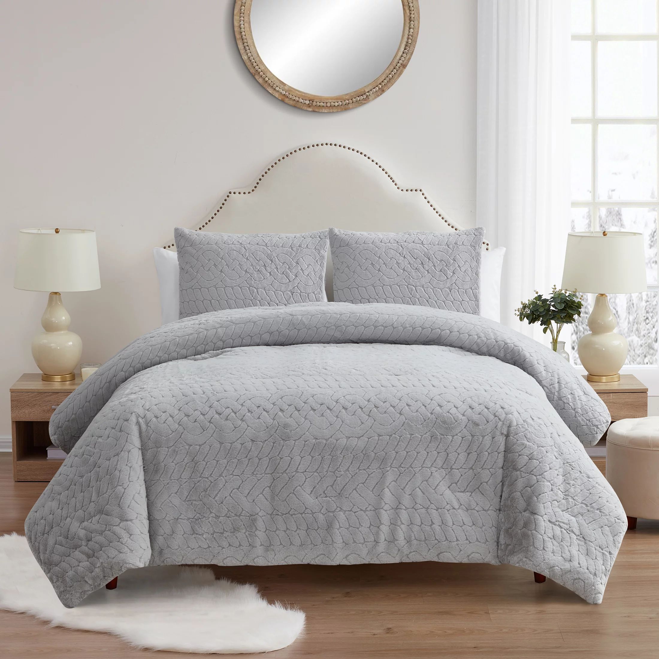 My Texas House Jessie Grey Stripe Faux Rabbit Fur 3-Piece Comforter Set, Full/Queen | Walmart (US)