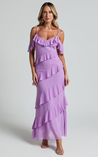 Celaya Maxi Dress - Strappy V Neck Off Shoulder Tiered Frill Detail in Lilac | Showpo (US, UK & Europe)
