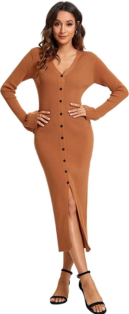CMZ2005 Women's Button Down Long Sleeve Cardigan Outerwear Sweater Dress Bodycon Party Maxi Dress 60 | Amazon (US)