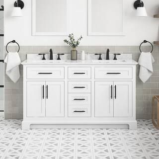 Doveton 60 in. Double Sink Freestanding White Bath Vanity with White Engineered Marble Top (Fully... | The Home Depot