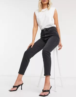 Stradivarius cotton slim mom jean with stretch in black | ASOS (Global)