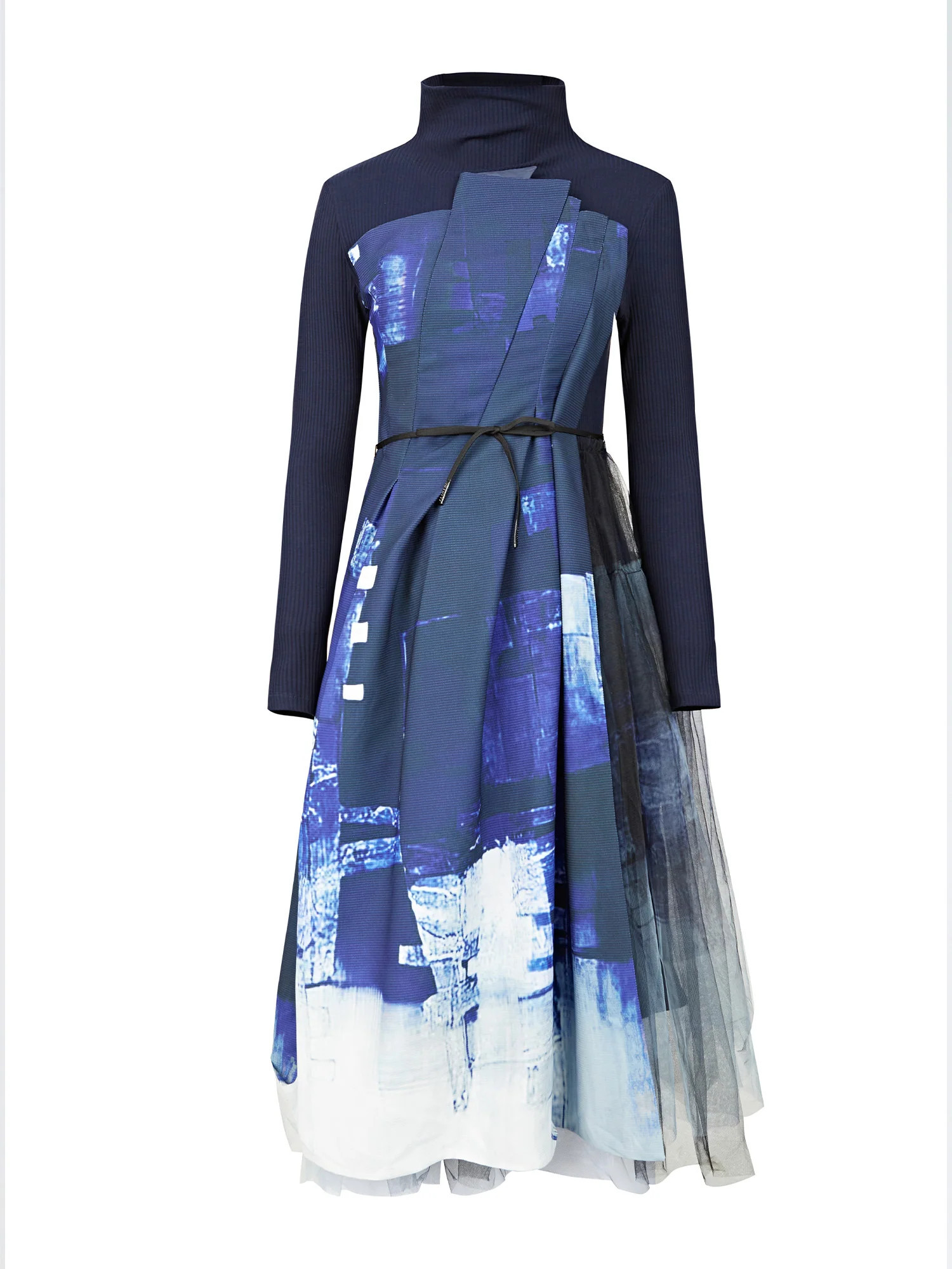 High Neck Long Sleeve Waist Tie Mesh Panel Dress | SDEER