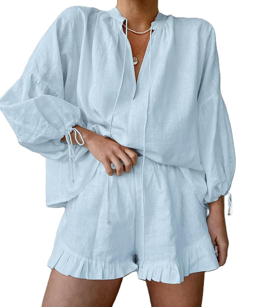 Mxiqqpltky Linen Shorts Sets Women 2 Piece Outfits Long Sleeve Tie Front Tops and Ruffled Boxer S... | Amazon (US)