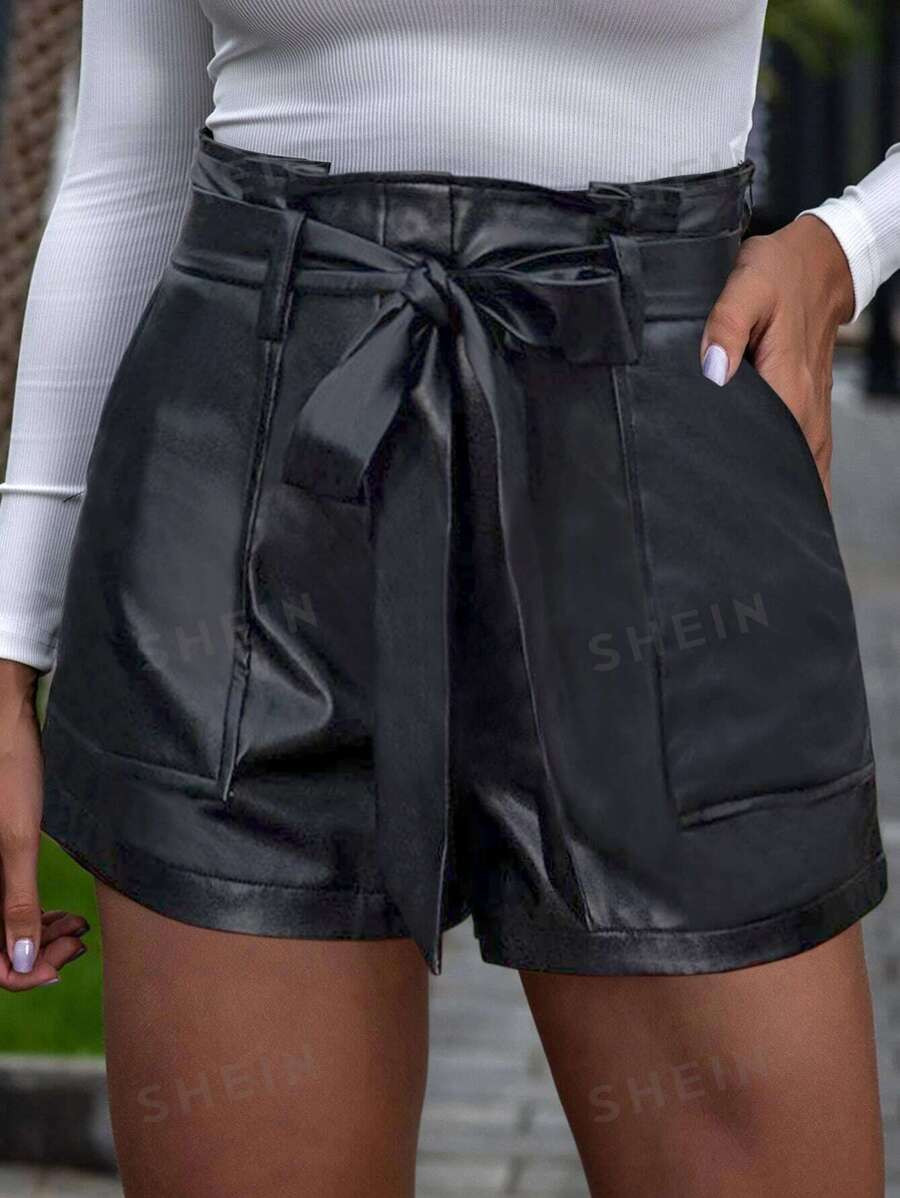 SHEIN Frenchy Paperbag Waist Belted Slant Pocket PU Leather Shorts | SHEIN