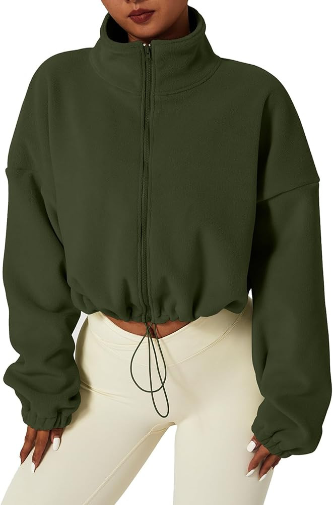 QINSEN Women's Full Zip Fleece Short Jacket Warm Winter Long Sleeve Stand Collar Sherpa Crop Coat | Amazon (US)