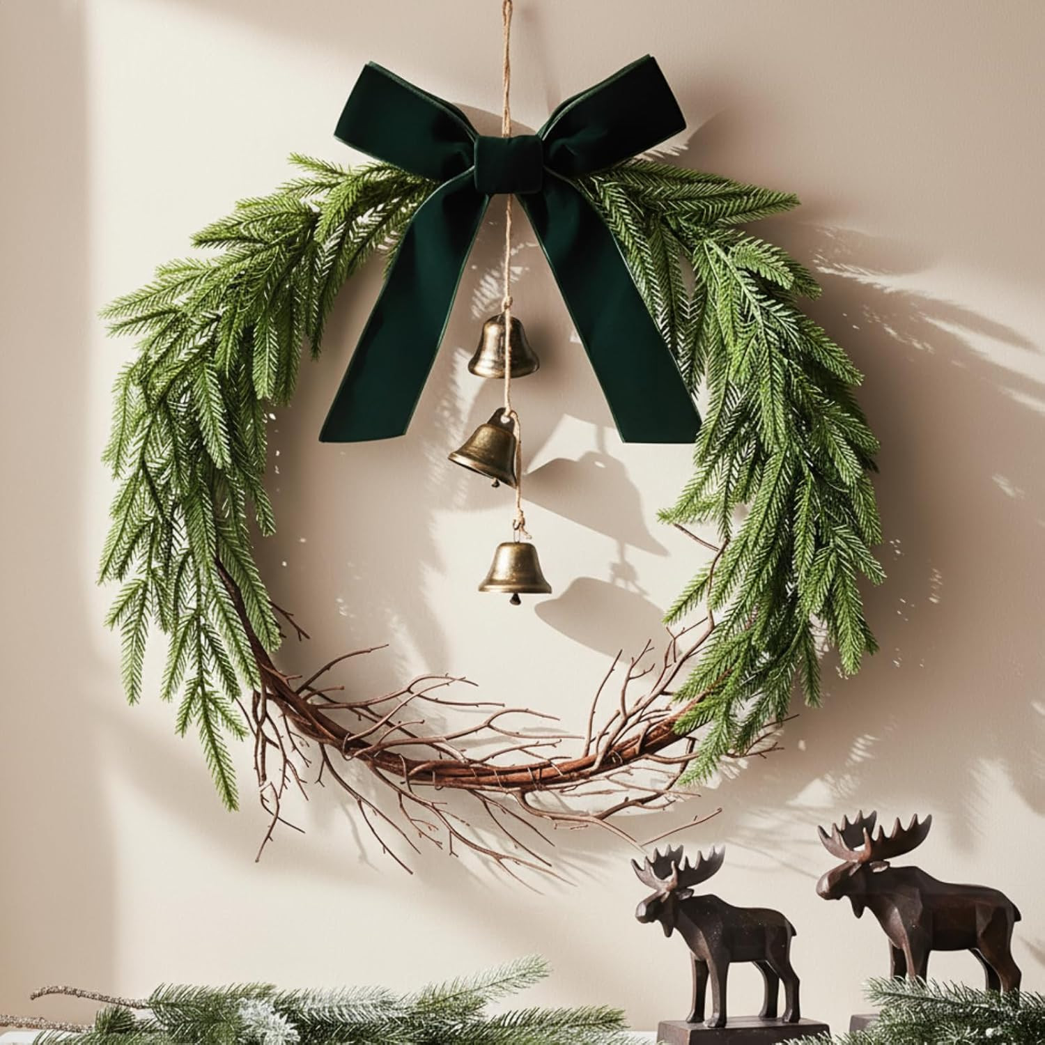 12 Inch Christmas Norfolk Pine Wreath with Velvet Ribbon Twig and Hanging Bells Christmas Wreath ... | Amazon (US)
