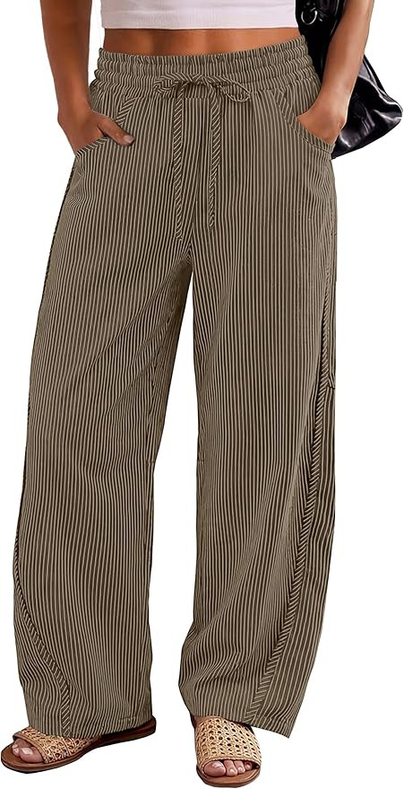 ANRABESS Womens Striped Barrel Casual Pants 2026 Trendy Summer Elastic Drawstring Baggy Lounge Wi... | Amazon (US)