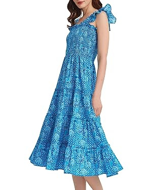 LifeShe Women Summer Floral Midi Flowy Dress Square Neck Smocked Flutter Sleeve Tiered Beach Boho... | Amazon (US)