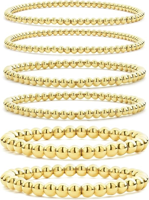 CONRAN KREMIX Gold Beaded Bracelet For Women Set 14K Gold Bead Stretch Bracelet Stack Trendy Gold... | Amazon (US)