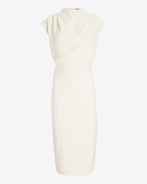 Ivory Draped Mock Neck Midi Sheath Dress | Express