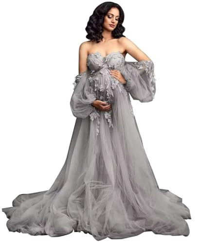 Floral Maternity Dresses for Photoshoot Appliques Laces Tulle Maternity Photoshoot Outfits Pregnancy Gown Grey | Amazon (US)