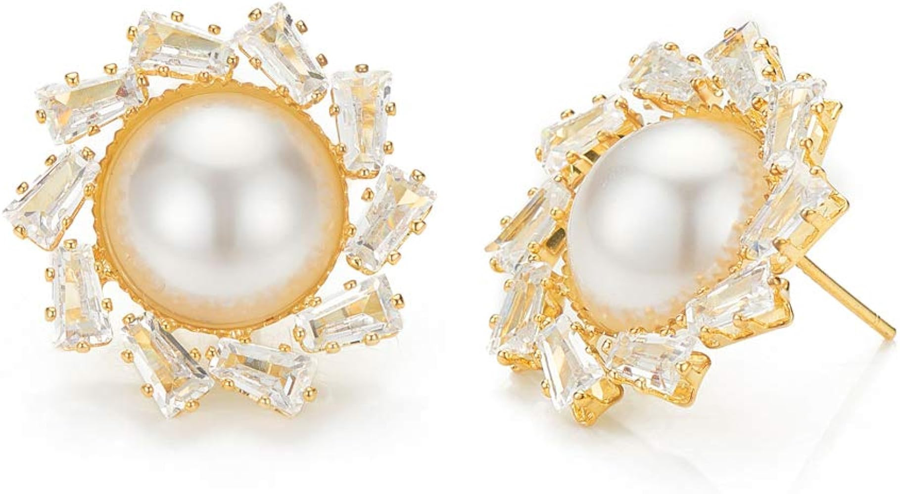 Pearl Earrings for Women, Cubic Zirconia Flower, Gold Plated Stud Earring | Amazon (US)