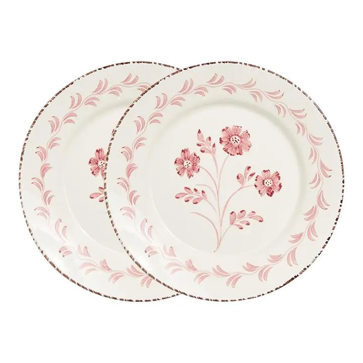 Casa Nuno Pink and White Dinner Plates, Vines, 3 Flowers/Vines, Set of 2 | Chairish