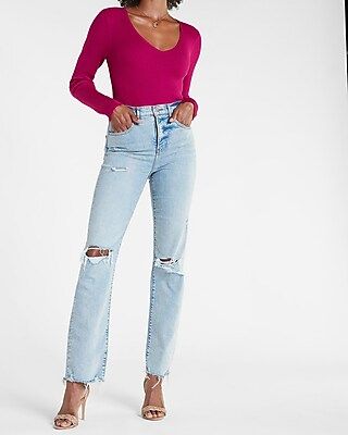 Ribbed Fitted V-neck Sweater | Express
