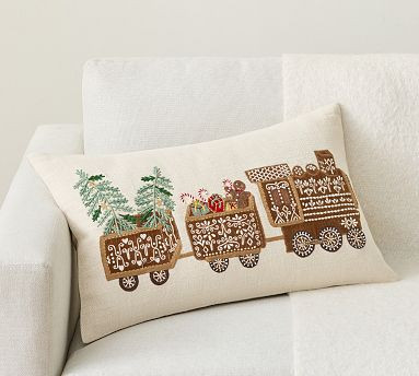 Gingerbread Train Embroidered Lumbar Pillow | Pottery Barn (US)