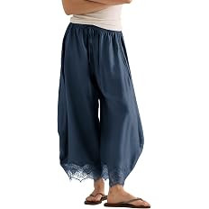 PUWEI Women's Cropped Lace-Hem Pants High Waisted Drawstring Wide Leg Pants Casual Lightweight Tr... | Amazon (US)