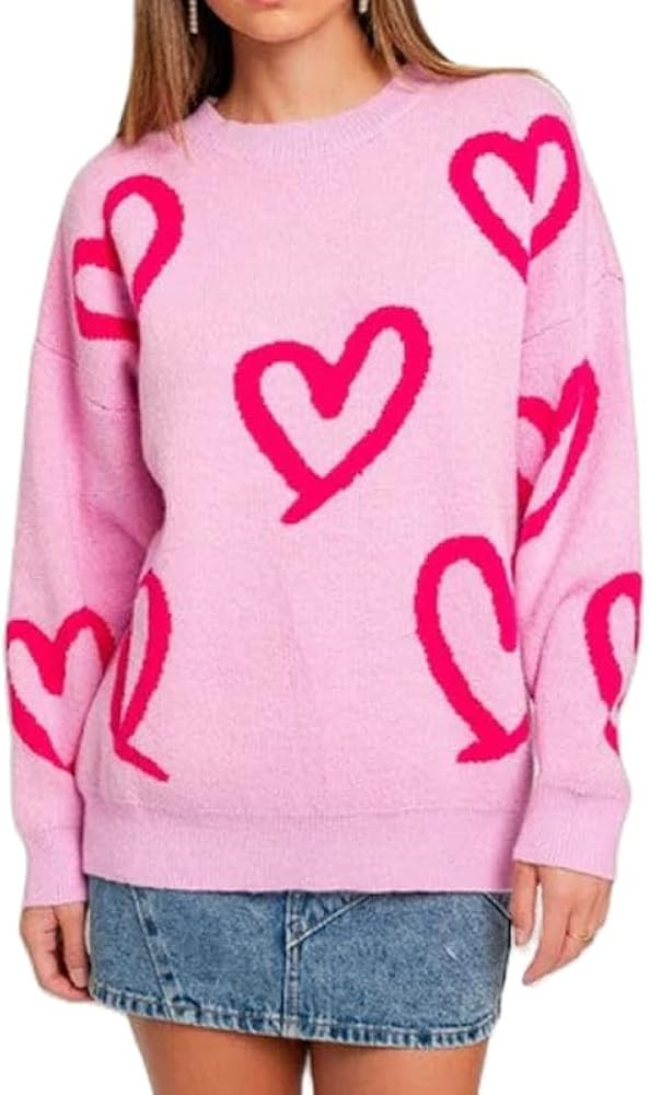 Women Heart Print Knit Pullover Sweater Long Sleeve Round Neck Love Pattern Sweaters Trendy Valen... | Amazon (US)